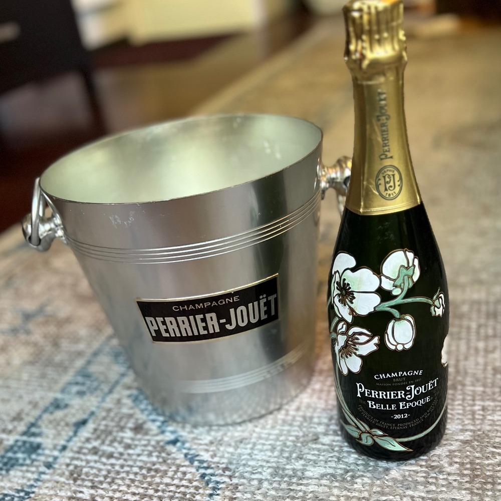Perrier-Jouet Champagne Ice Bucket Brushed Aluminum Silver Ring Handles 8 Inch